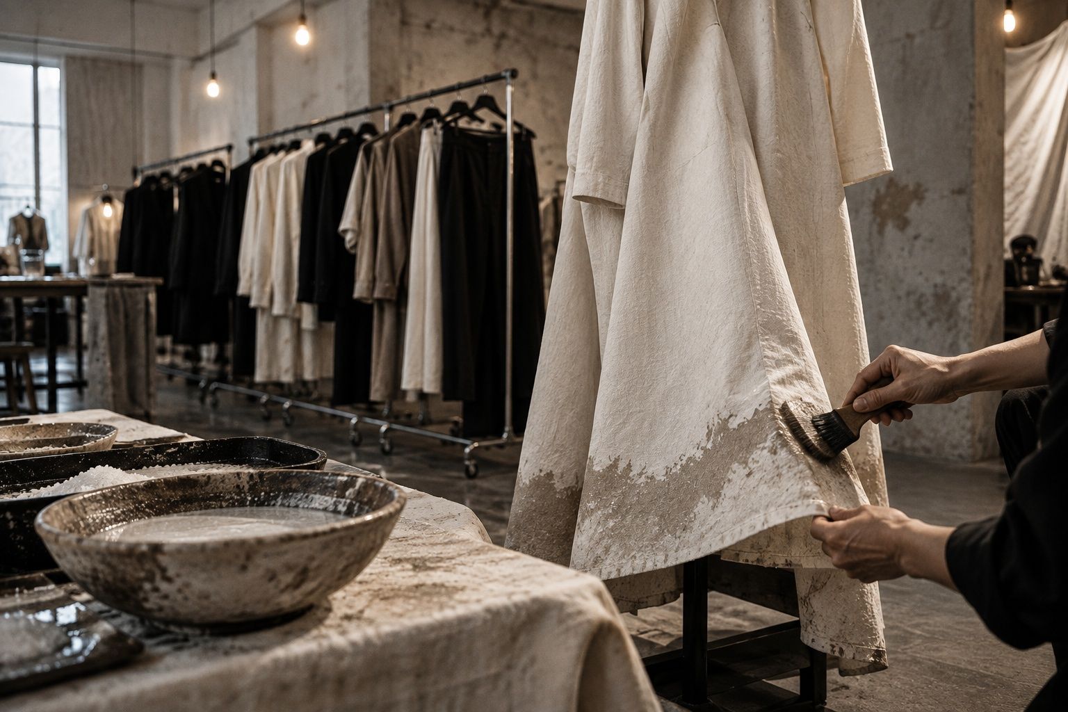 Backstage rail of black and bone garments under bare bulbs, a dresser's hands adjusting a coat hem, faces out of frame