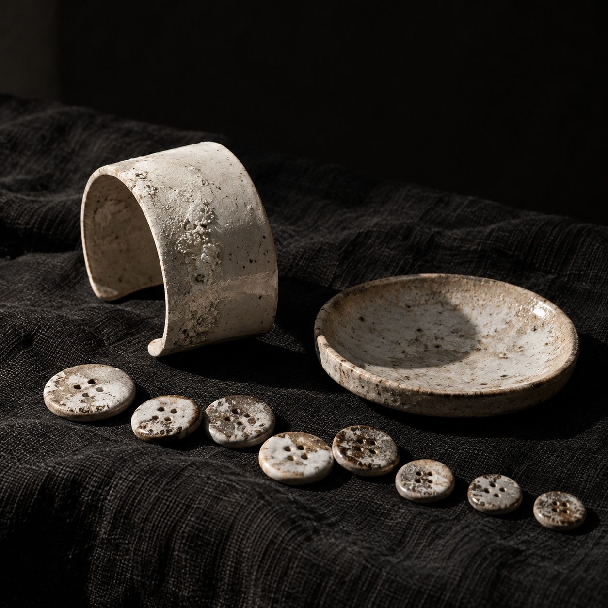Salt-glazed stoneware buttons, a porcelain cuff and a small dish on raw black linen, lit from one side