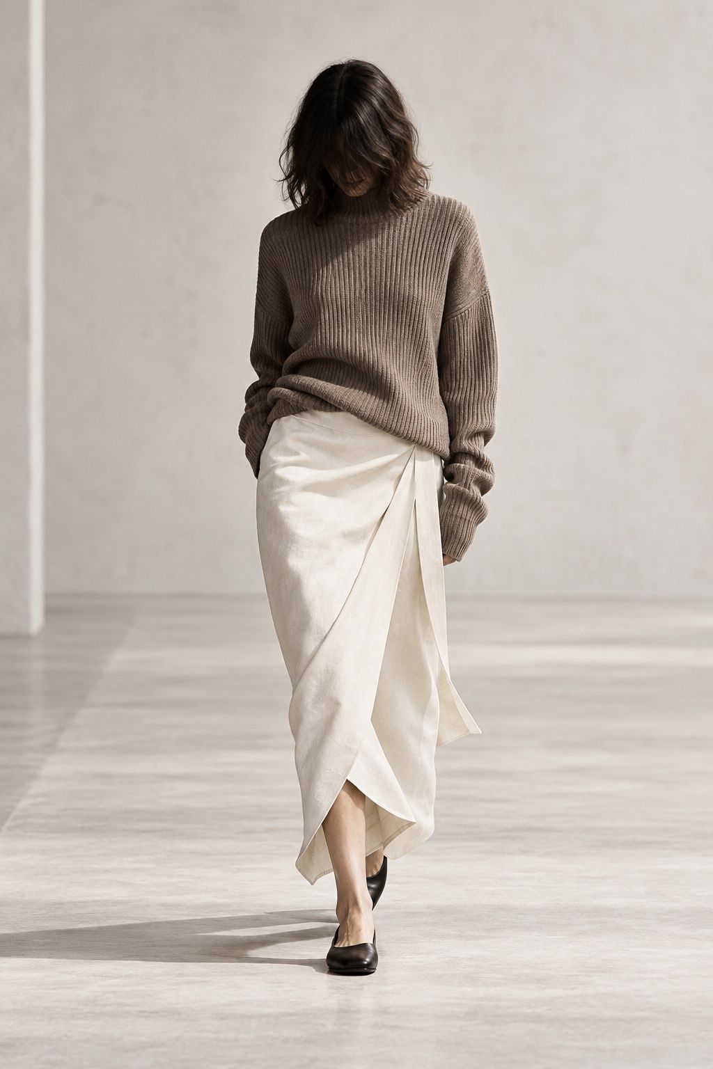 Model in a taupe ribbed knit and bone wrap skirt walking across a pale runway, face in shadow